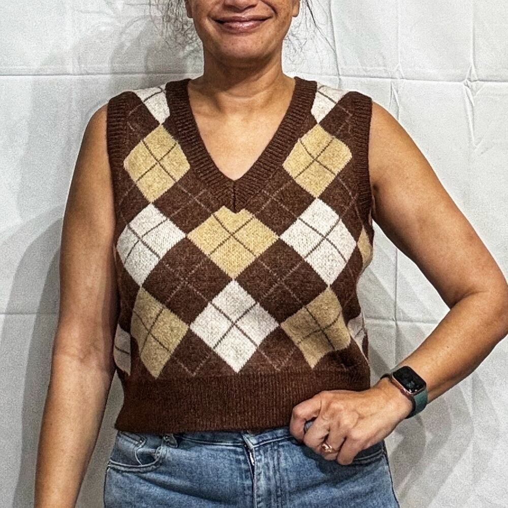 Altar’d State Brown Plaid Sweater Vest Sz L
